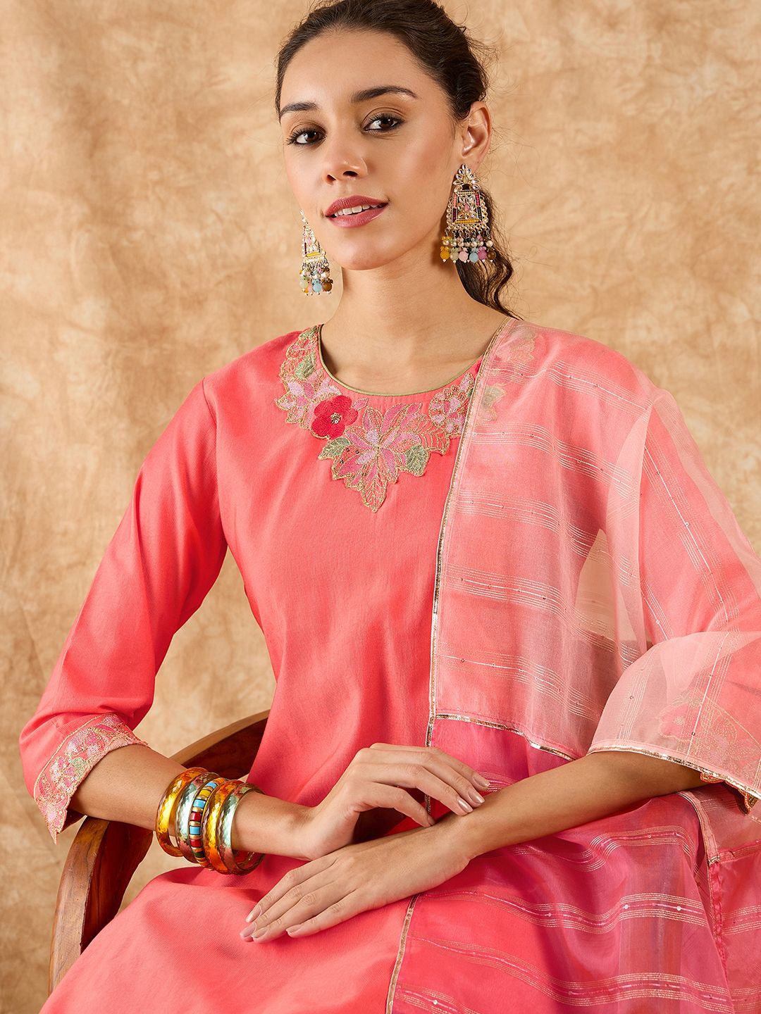 

Indo Era Floral Yoke Design Straight Sequinned Liva Kurta with Palazzos & Dupatta, Coral