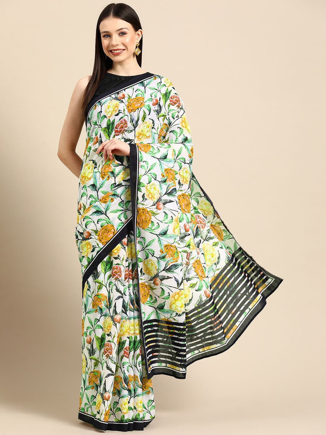 

BUTA BUTI Floral Pure Cotton Saree, Yellow