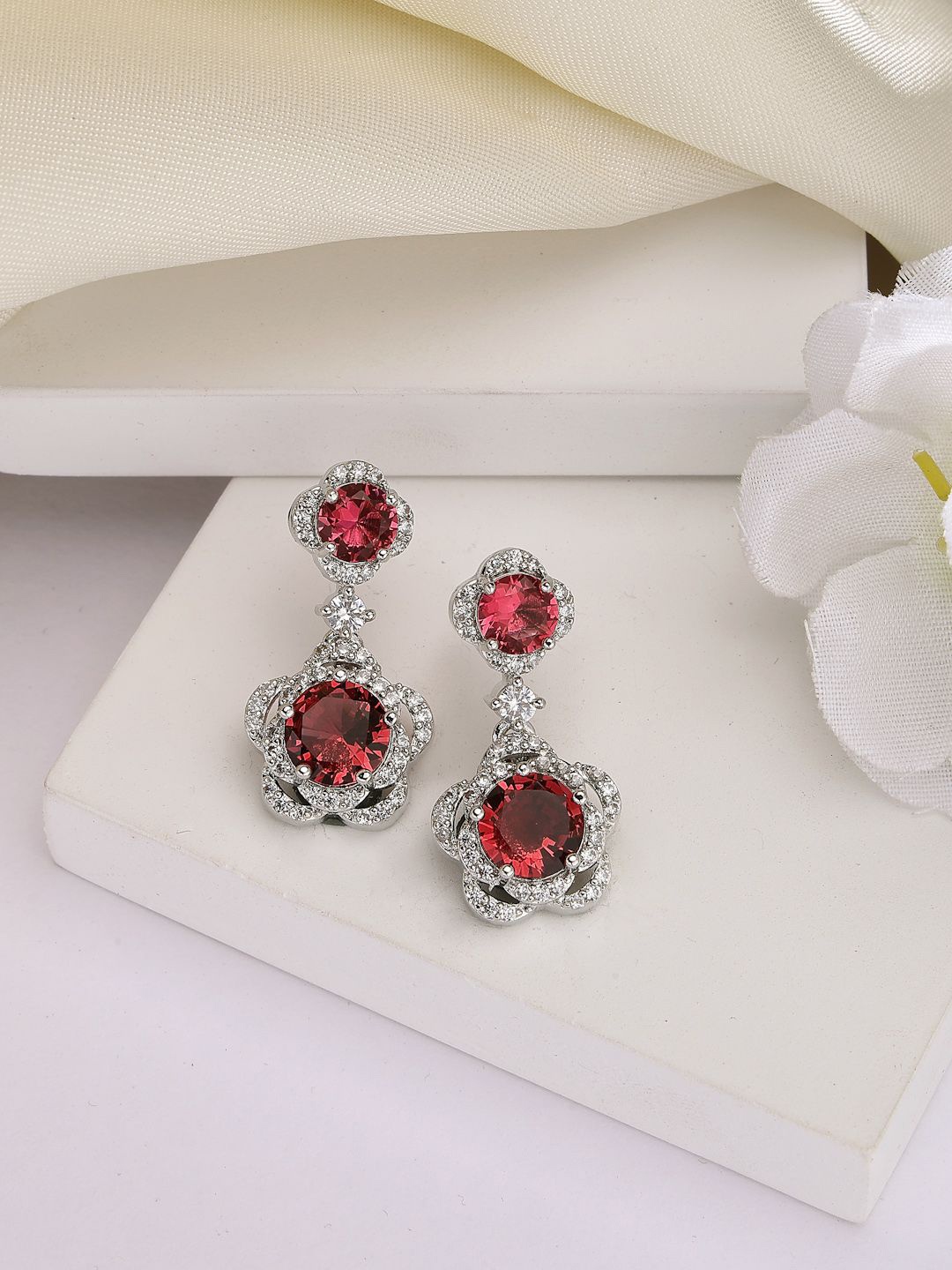 

ZENEME Gold-Plated Artificial Stones and Beads Contemporary Jhumkas Earrings, Red