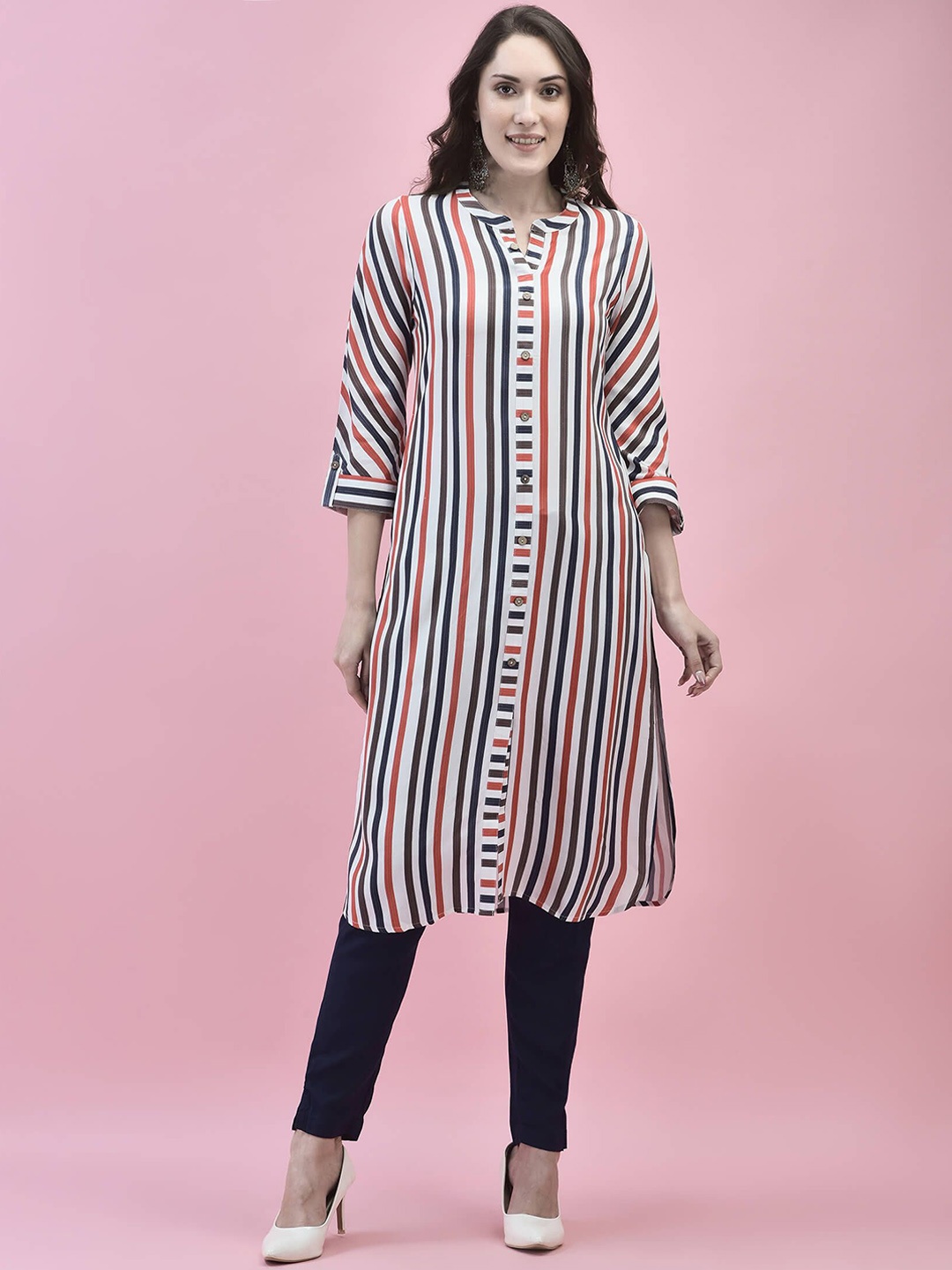 

Shree Striped Mandarin Collar Straight Kurta, White
