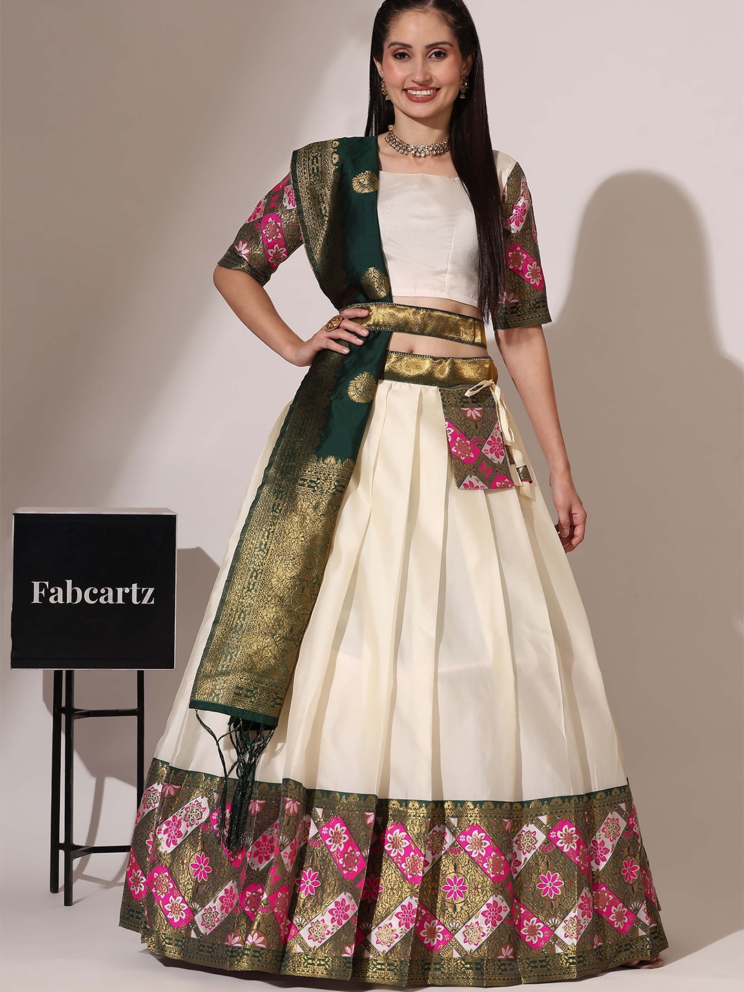 

Fabcartz Woven Design Semi-Stitched Lehenga & Unstitched Blouse With Dupatta, Cream