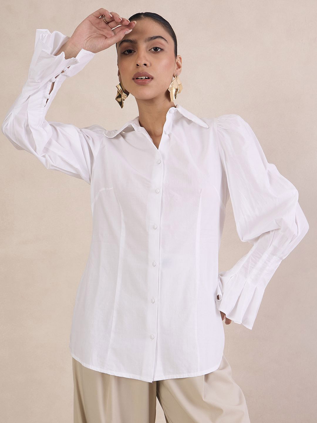 

FEMMELLA Women Comfort Spread Collar Solid Cotton Casual Shirt, White