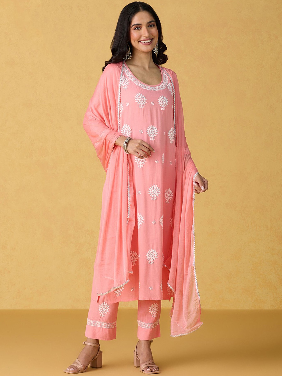 

Likha Floral Embroidered Chikankari Round Neck Straight Kurta with Pyjamas & Dupatta, Peach