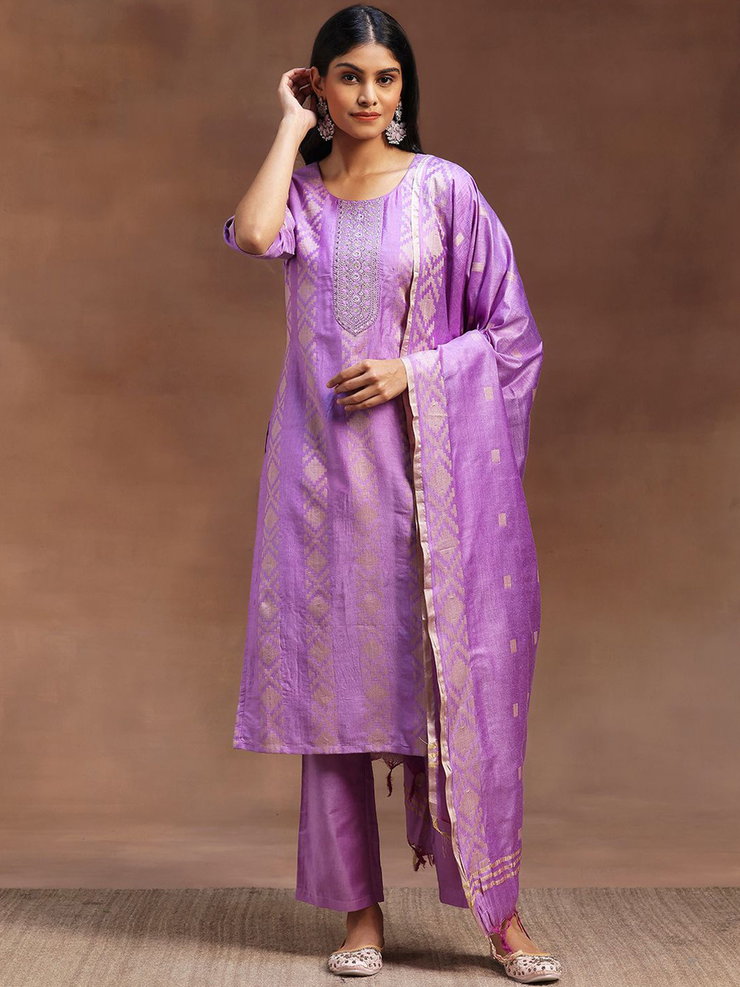 

Libas Purple Ethnic Motifs Woven Design Round Neck Cotton Kurta with Trousers & Dupatta