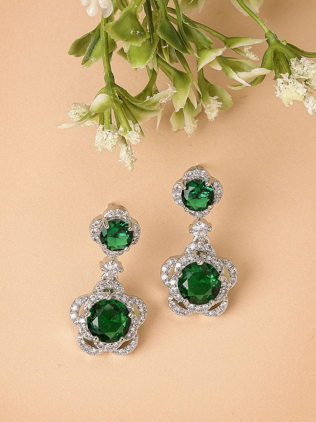 

ZENEME Rhodium-Plated American Diamond Studded Circular Drop Earrings, Green