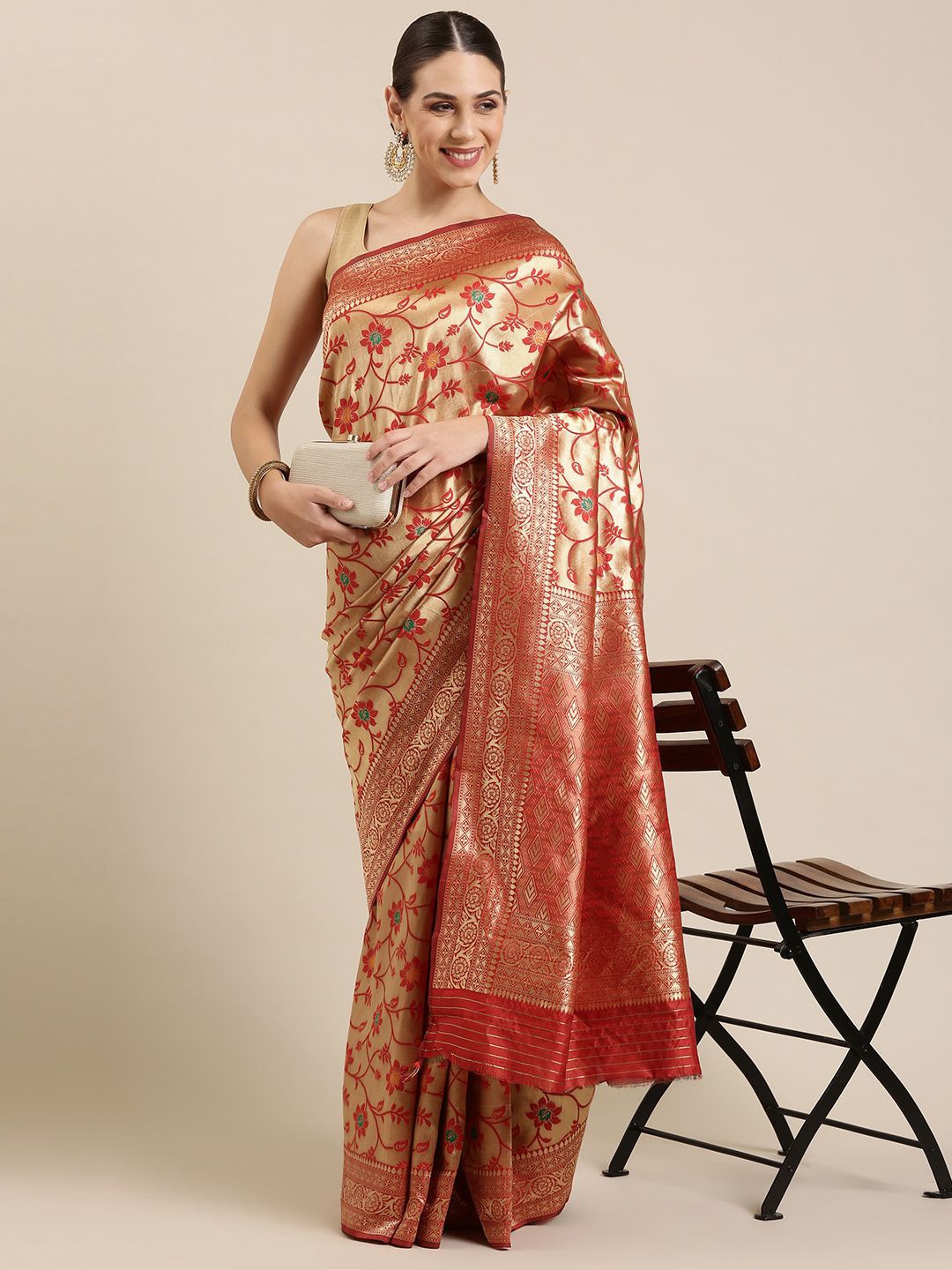 

KIMISHA Floral Print Woven Design Zari Saree, Gold