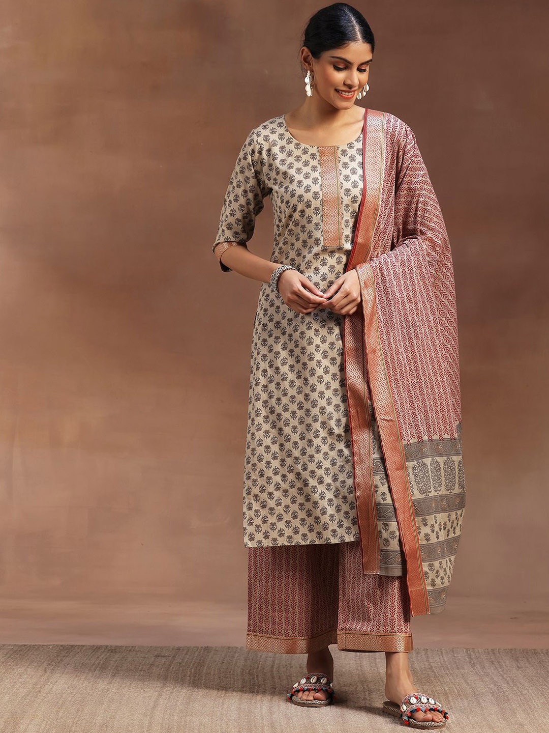 

Libas Floral Printed Pure Cotton Straight Kurta with Palazzos & Dupatta, Beige