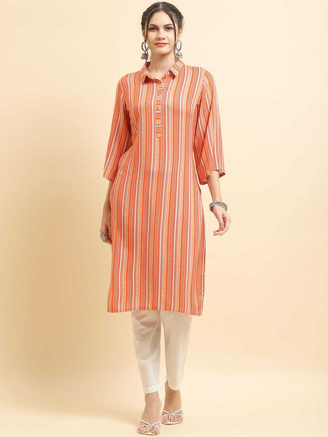 

Shree Striped Shirt Collar Liva Straight Kurta, Peach