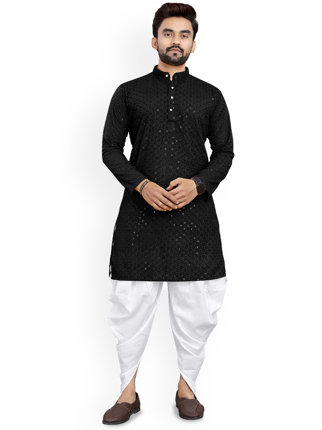 

trustous Floral Embroidered Sequinned Mandarin Collar Straight Kurta with Dhoti Pants, Black