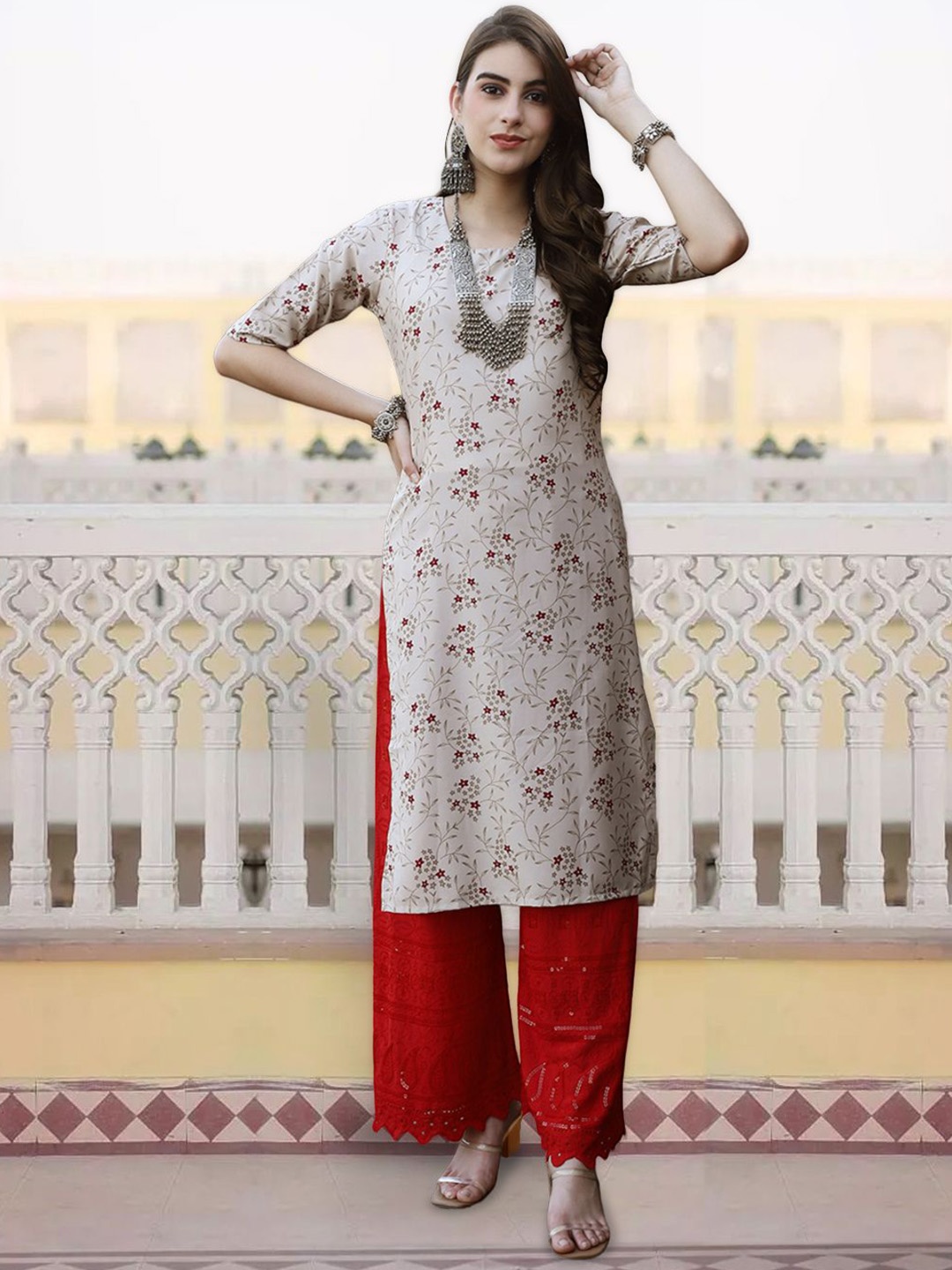 

7Threads Floral Printed Round Neck Straight Kurta, Grey