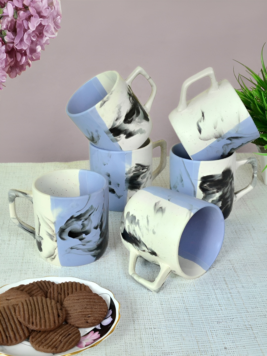 

FABINALIV Set of 6 Purple & White Printed Ceramics Matte Cups