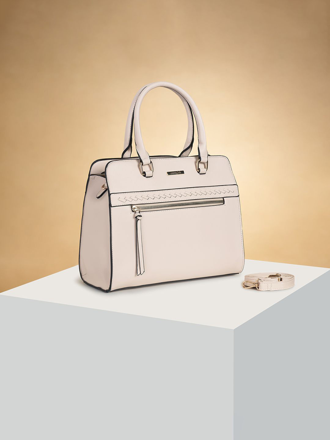 

Forever Glam by Pantaloons Colourblocked PU Structured Handheld Bag with Cut Work, Off white