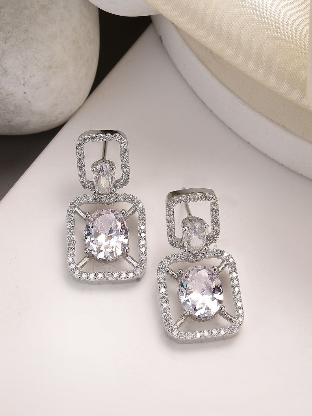 

ZENEME Rhodium-Plated Geometric American Diamond Drop Earrings, Silver