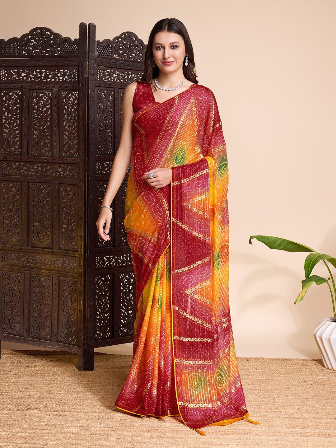

Ishin Bandhani printed saree with blouse piece, Mustard