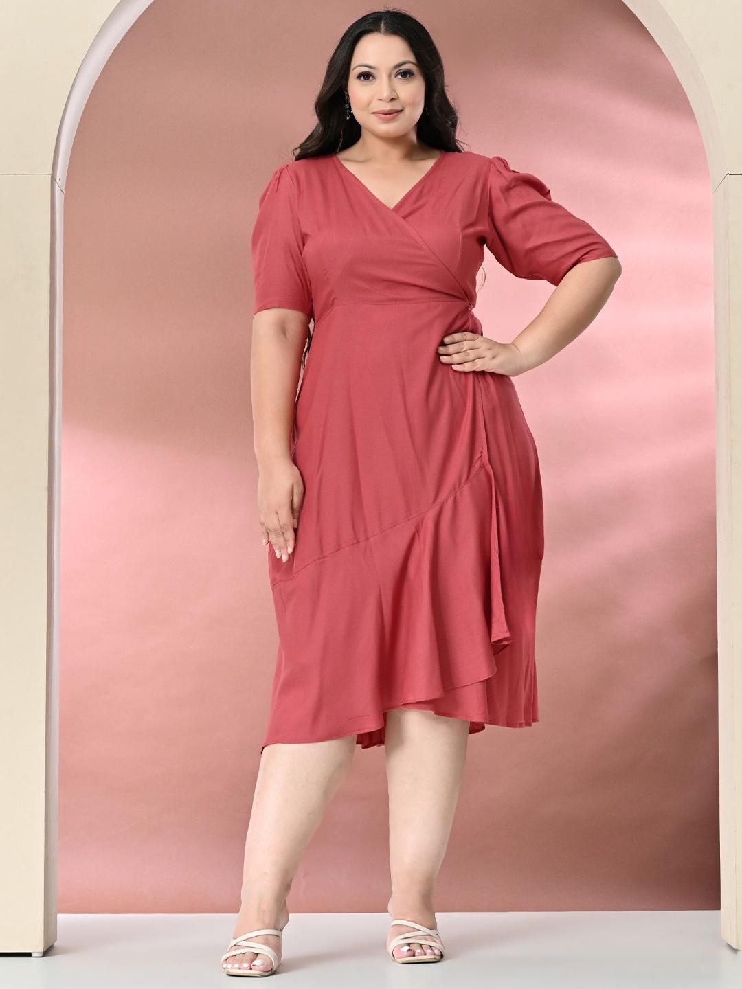 

PrettyPlus by Desinoor.com Flared Sleeve Wrap Midi Dress, Pink