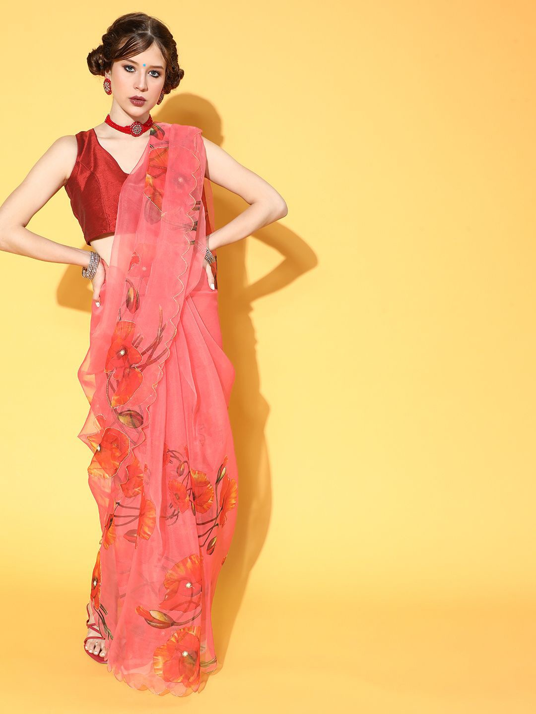 

KIMISHA Floral Organza Kanjeevaram Saree, Red