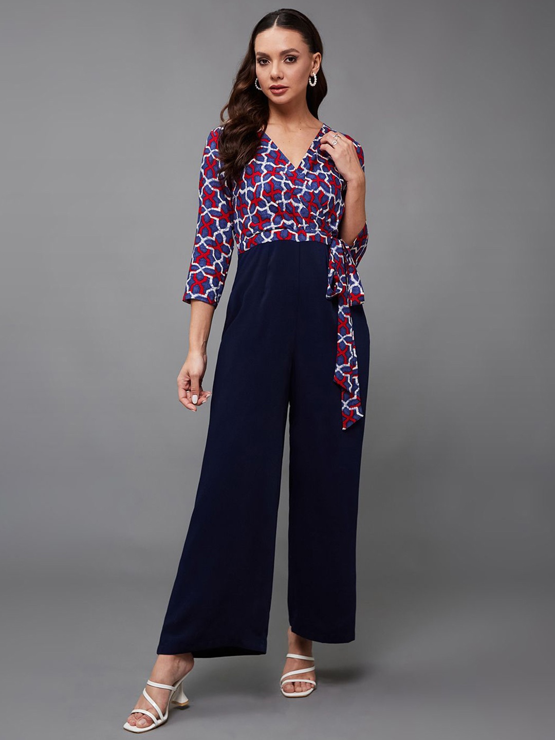 

Miss Chase Women V-Neck Three-Quarter Sleeve Wrap Regular-Length Jumpsuit, Navy blue