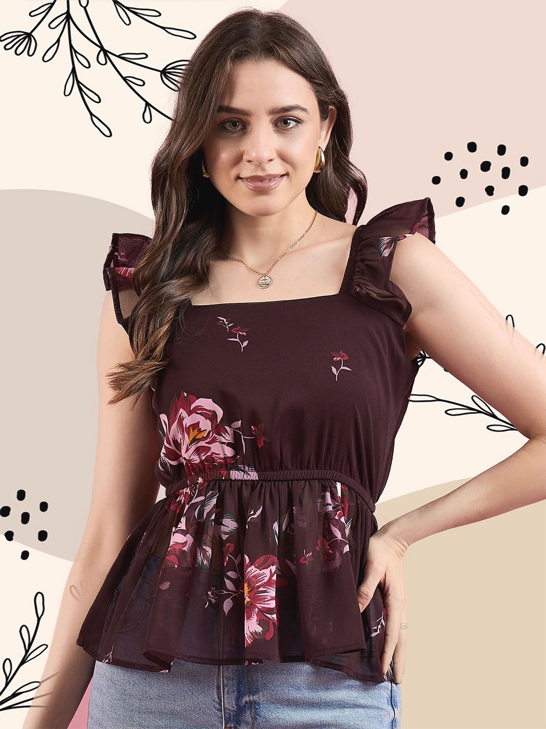 

Deewa Women Floral Printed Square Neck Top, Maroon