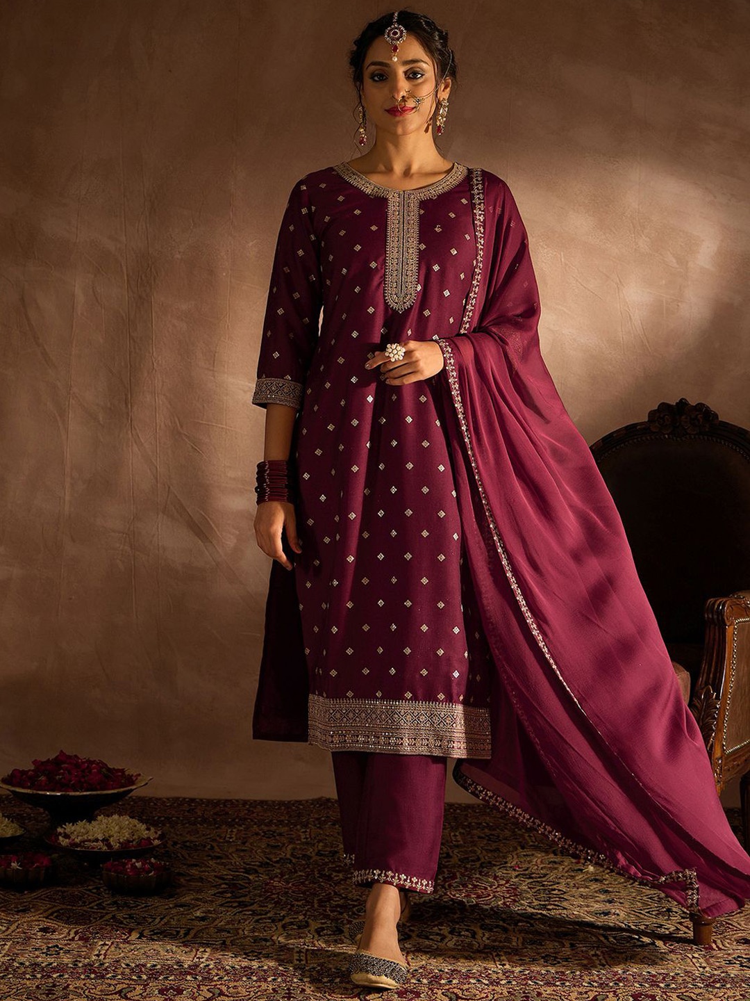 

Indo Era Ethnic Motifs Embroidered Thread Work Straight Kurta With Trousers & Dupatta, Maroon