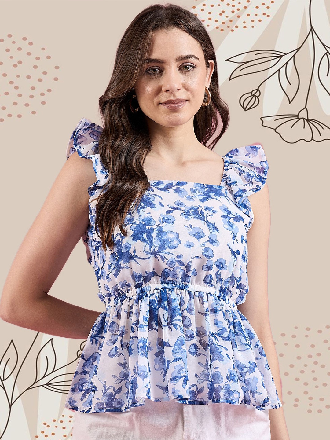 

Deewa Women Floral Printed Square Neck Top, White