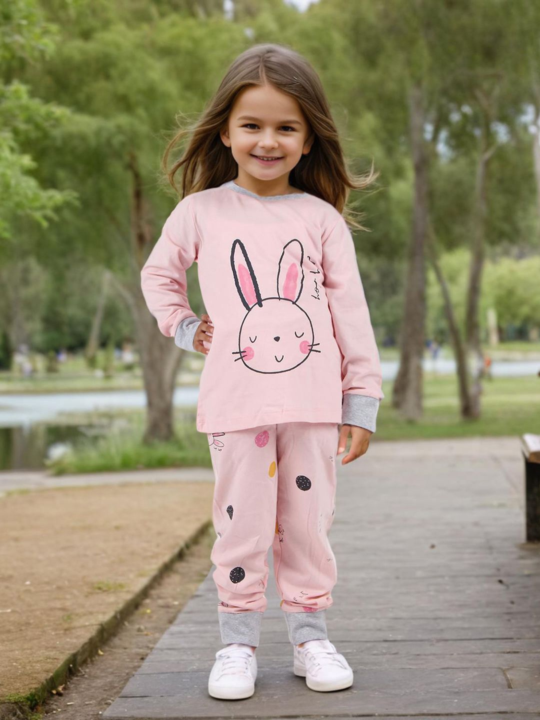 

INCLUD Girls Printed T-shirt with Trouser, Pink