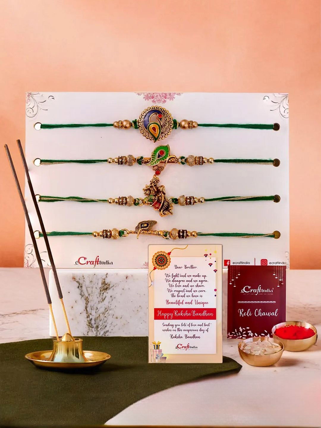 

eCraftIndia Set Of 5 Rakhis With Incense Stick Holder Gift Set, Green
