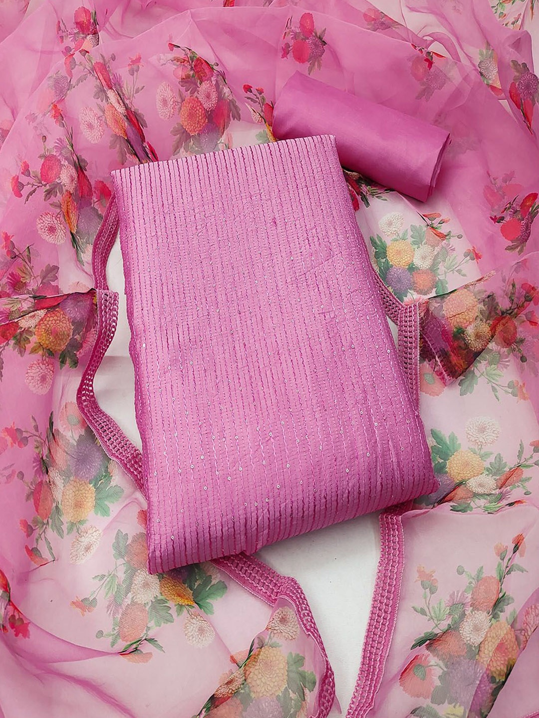 

Lilots Striped Sequinned Unstitched Dress Material, Pink