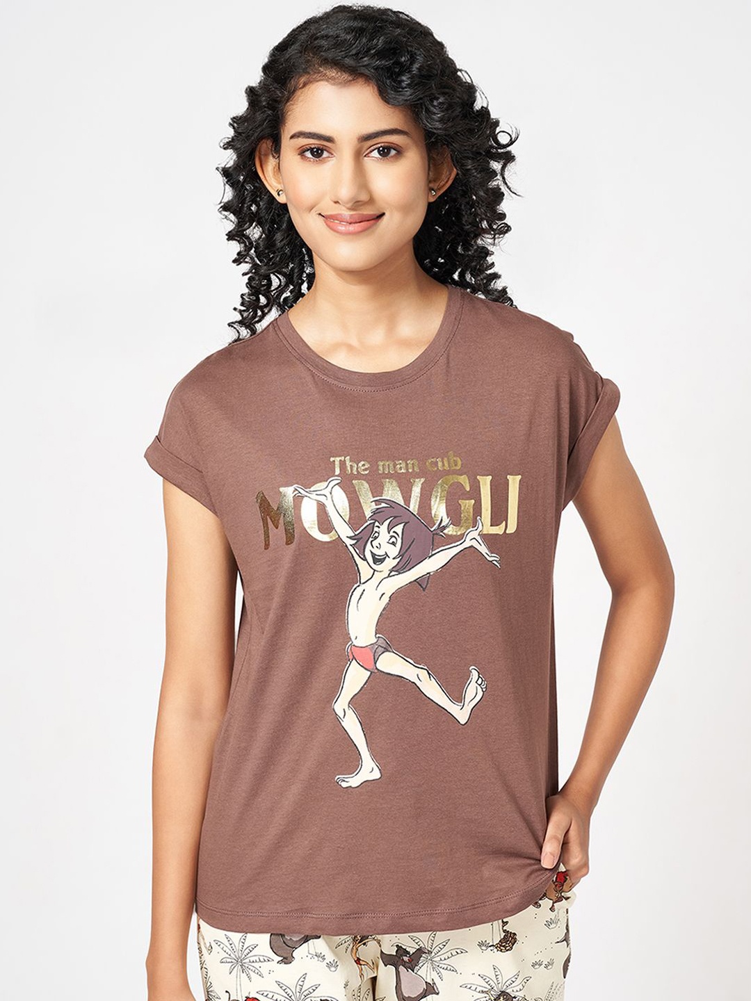 

Dreamz by Pantaloons Women Printed Pure Cotton Lounge Tshirts, Brown