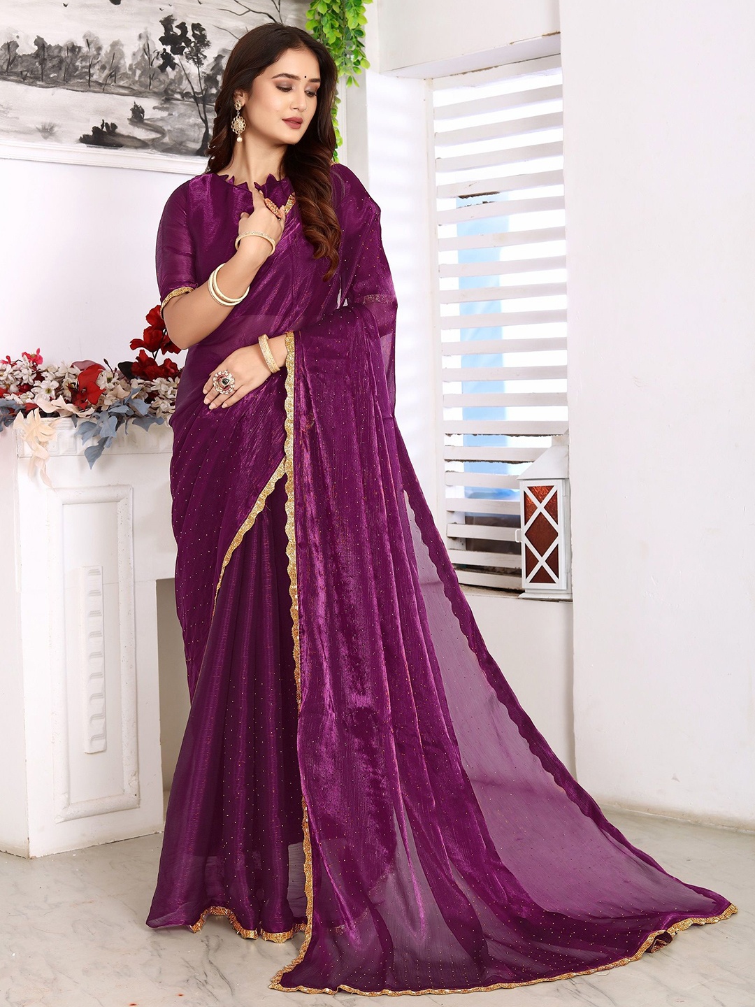 

DHARMEE Embellished Beads and Stones Saree, Violet