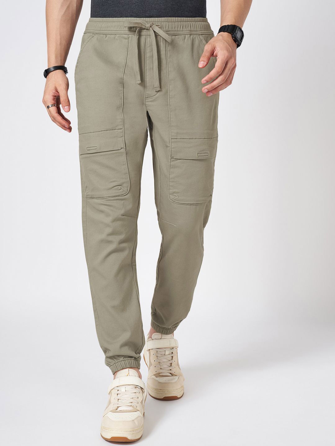 

People Men Cotton Mid Rise Joggers, Olive