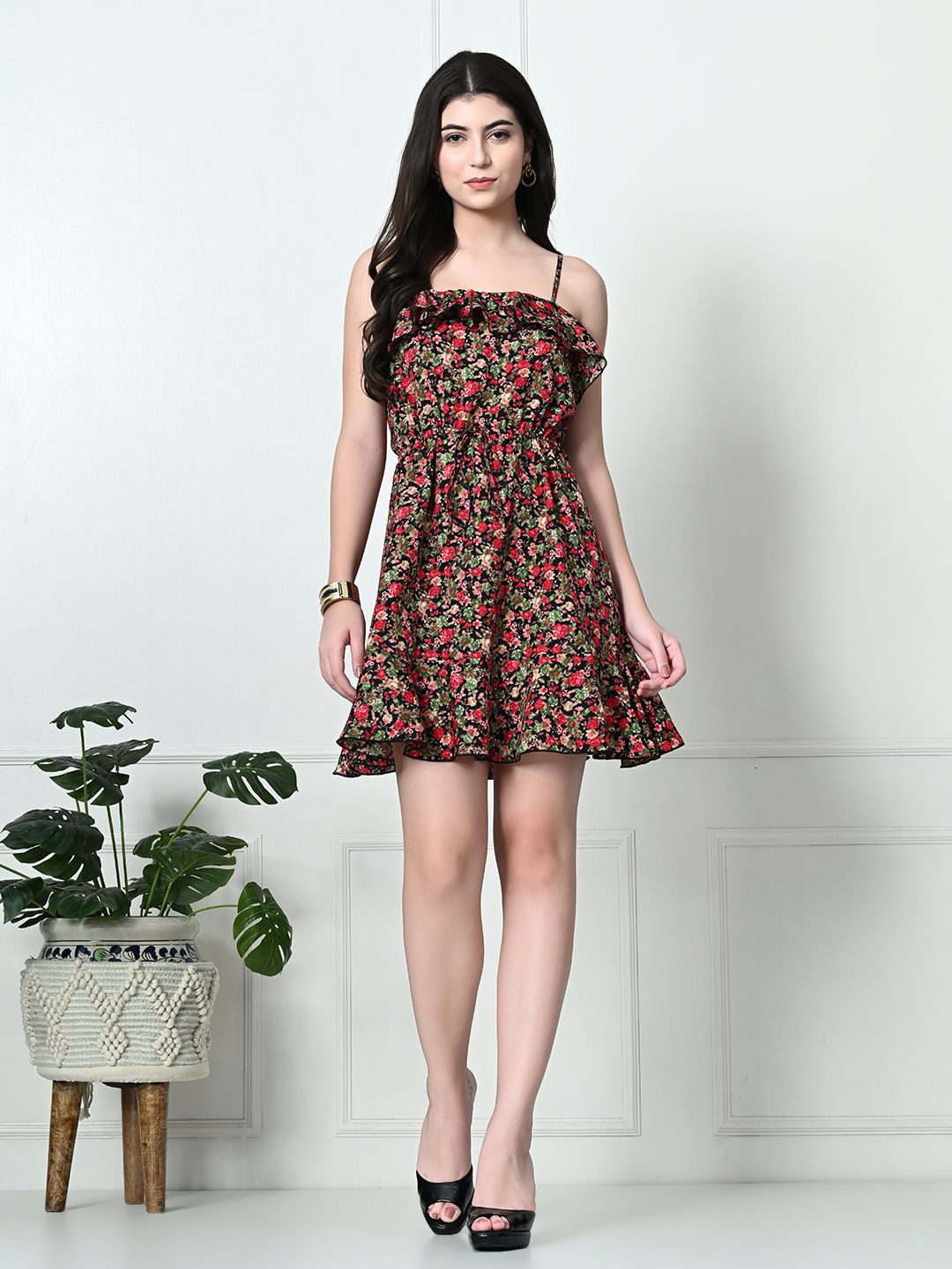 

Tushita Floral Printed Shoulder Straps Fit & Flare Dress, Black