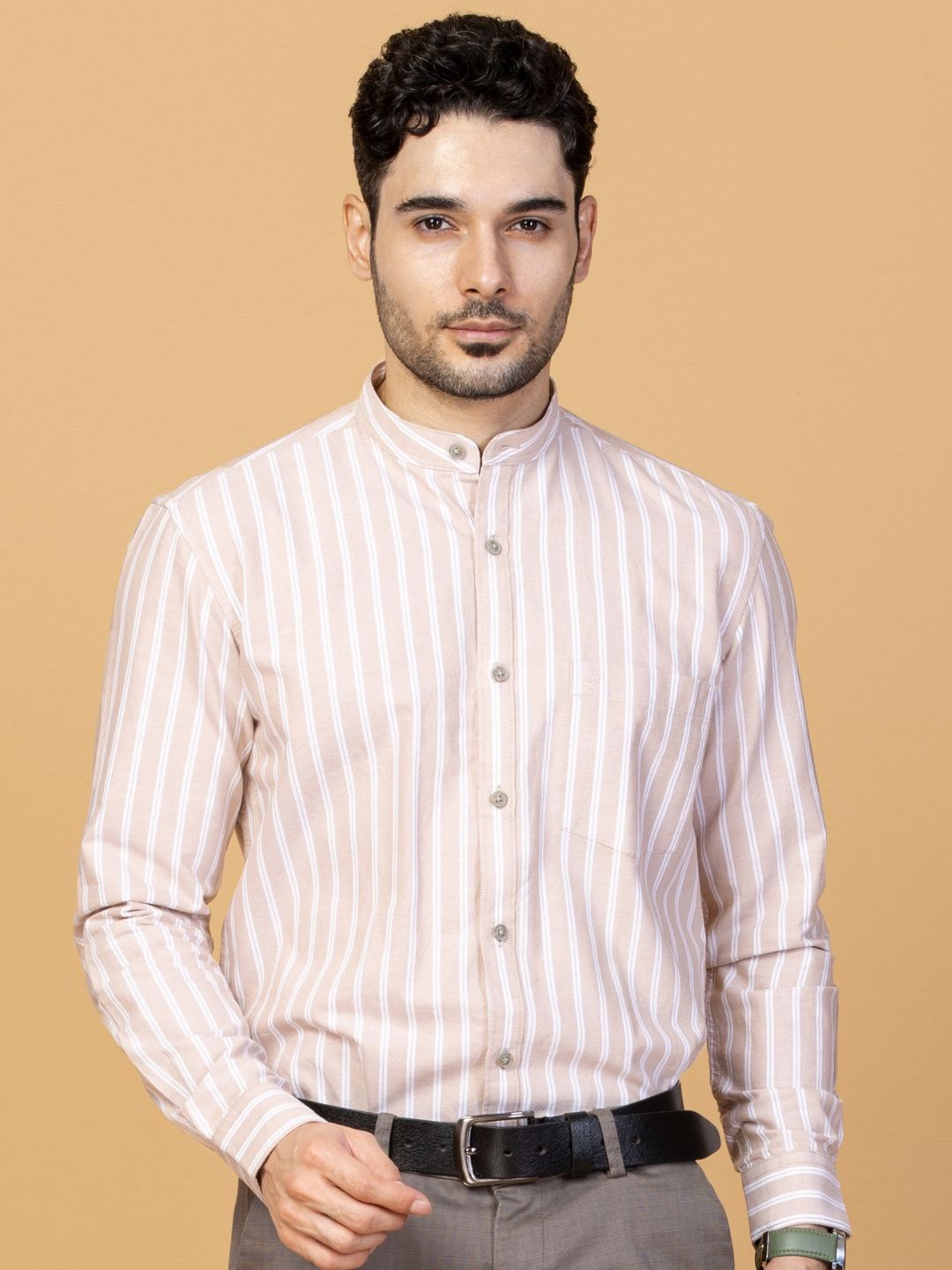 

Monterrey SF Men Smart Band Collar Striped Cotton Slim Fit Casual Shirt, Pink