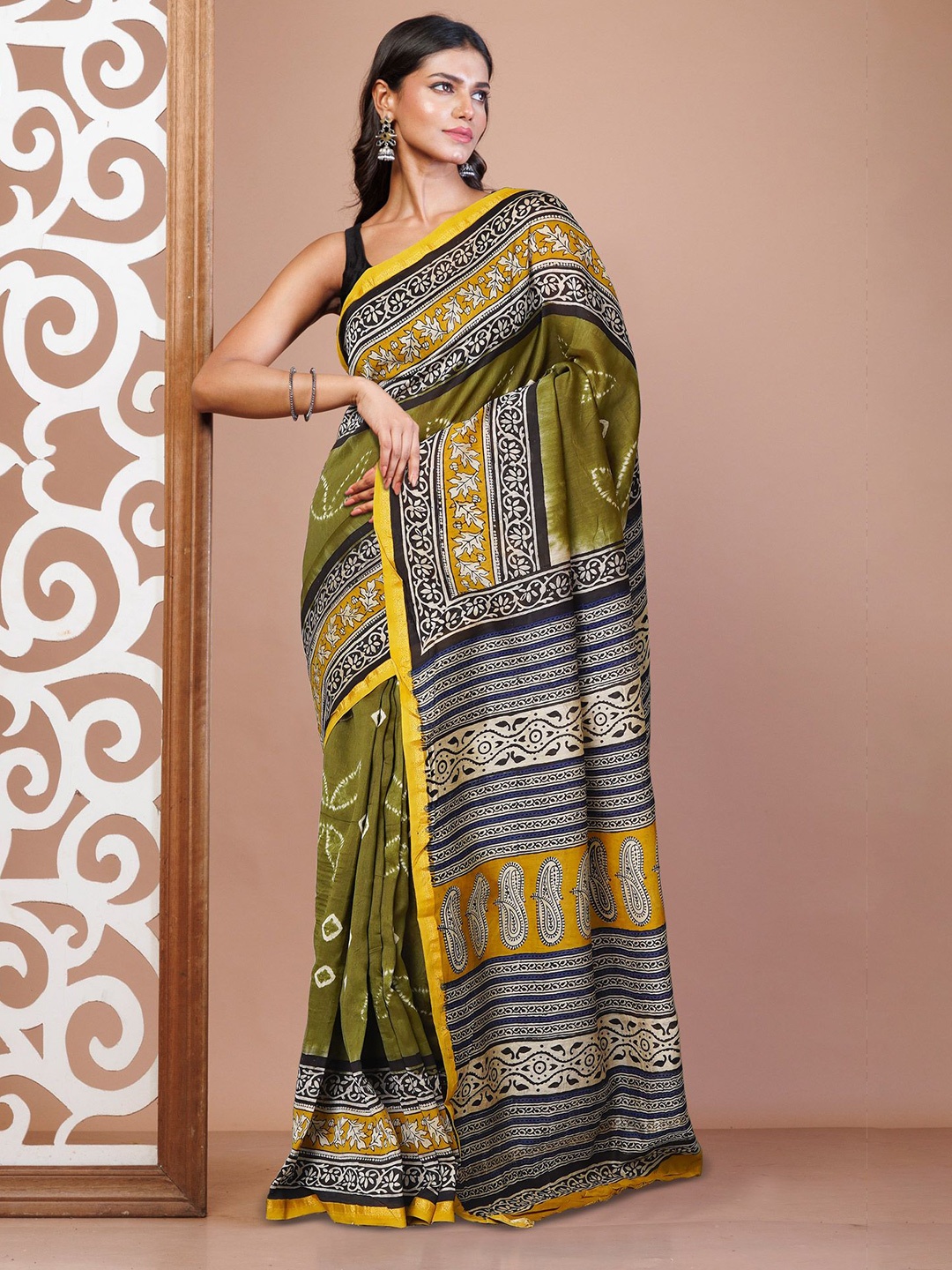 

Unnati Silks Ethnic Motifs Bagru Saree, Green