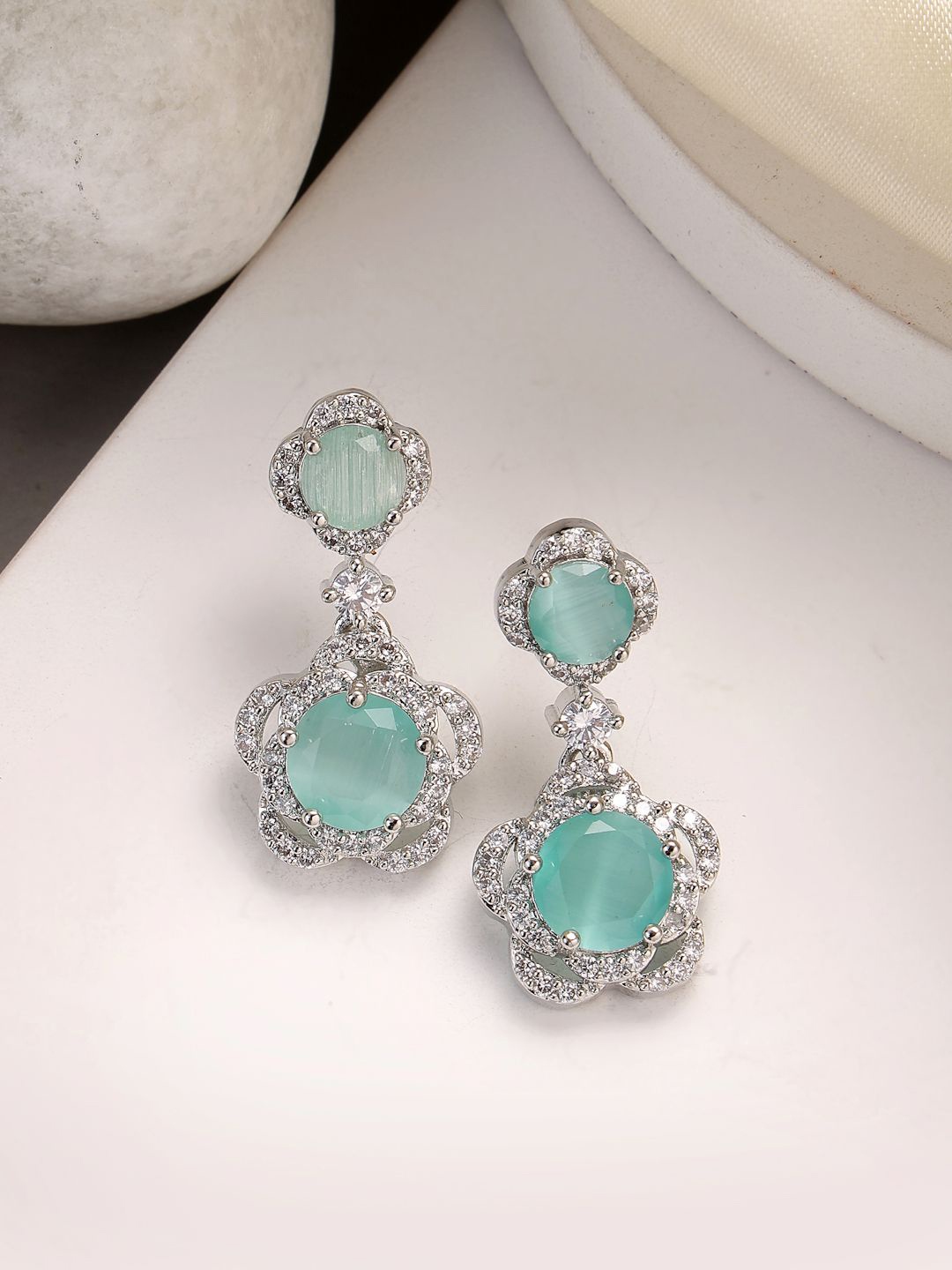 

ZENEME Silver Plated Circular American Diamond Studded Drop Earrings, Sea green