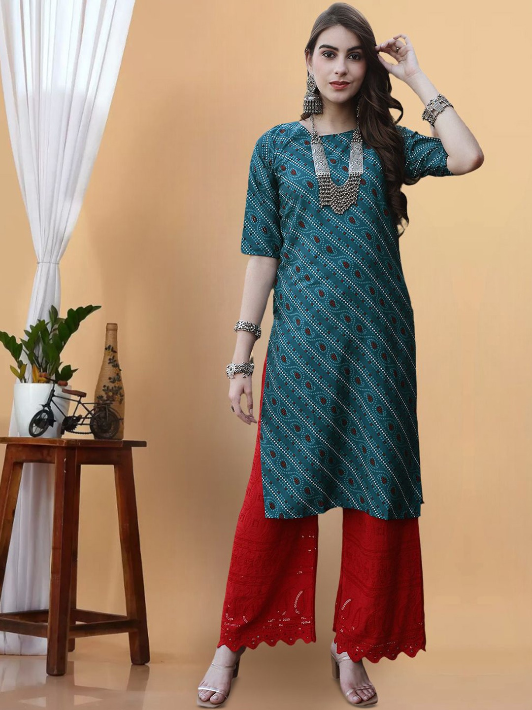 

7Threads Bandhani Printed Round Neck Straight Kurta, Teal