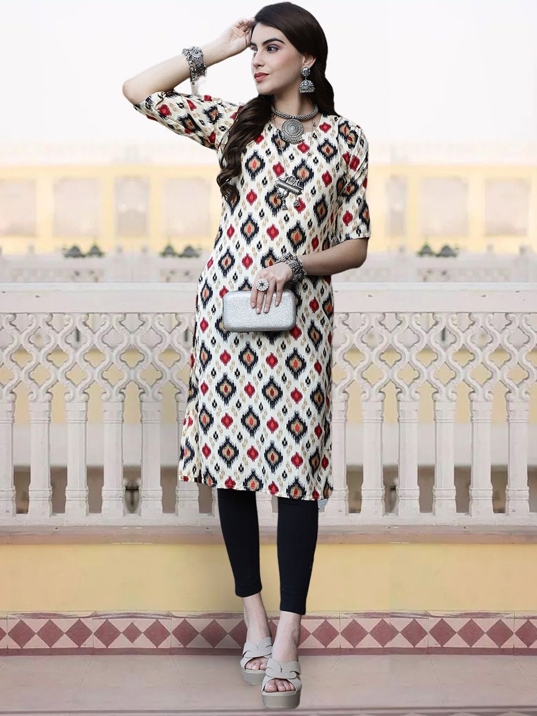 

7Threads Ethnic Motifs Printed Round Neck Crepe Straight Kurta, White