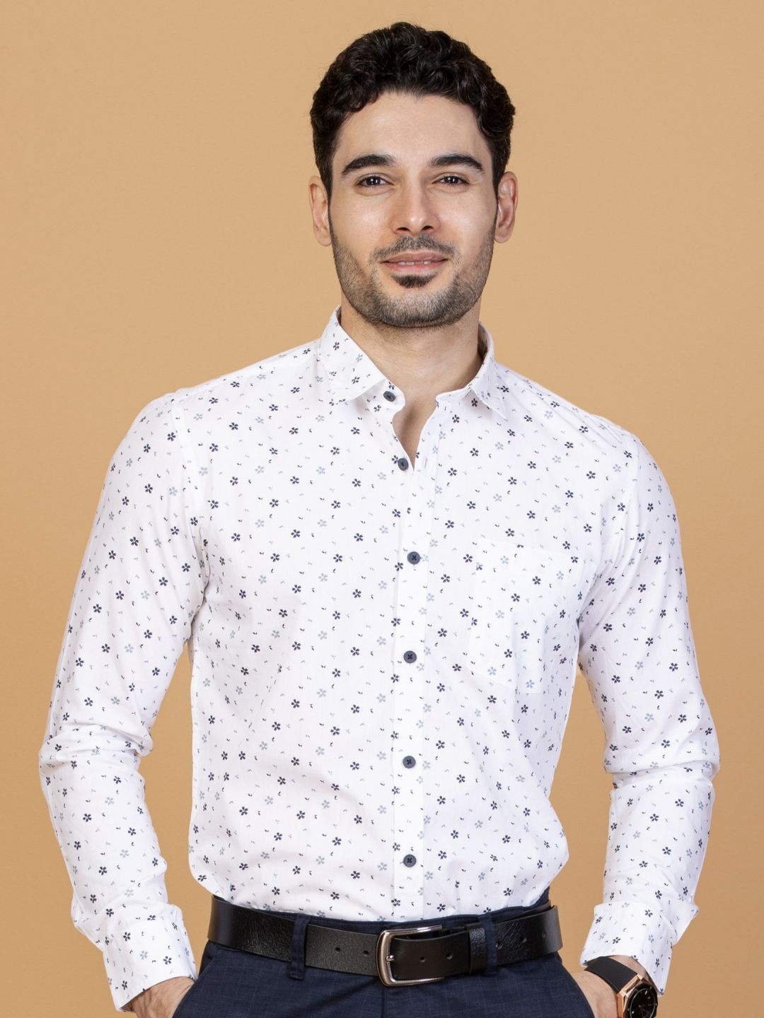 

Monterrey SF Men Smart Spread Collar Micro Ditsy Printed Cotton Slim Fit Casual Shirt, White