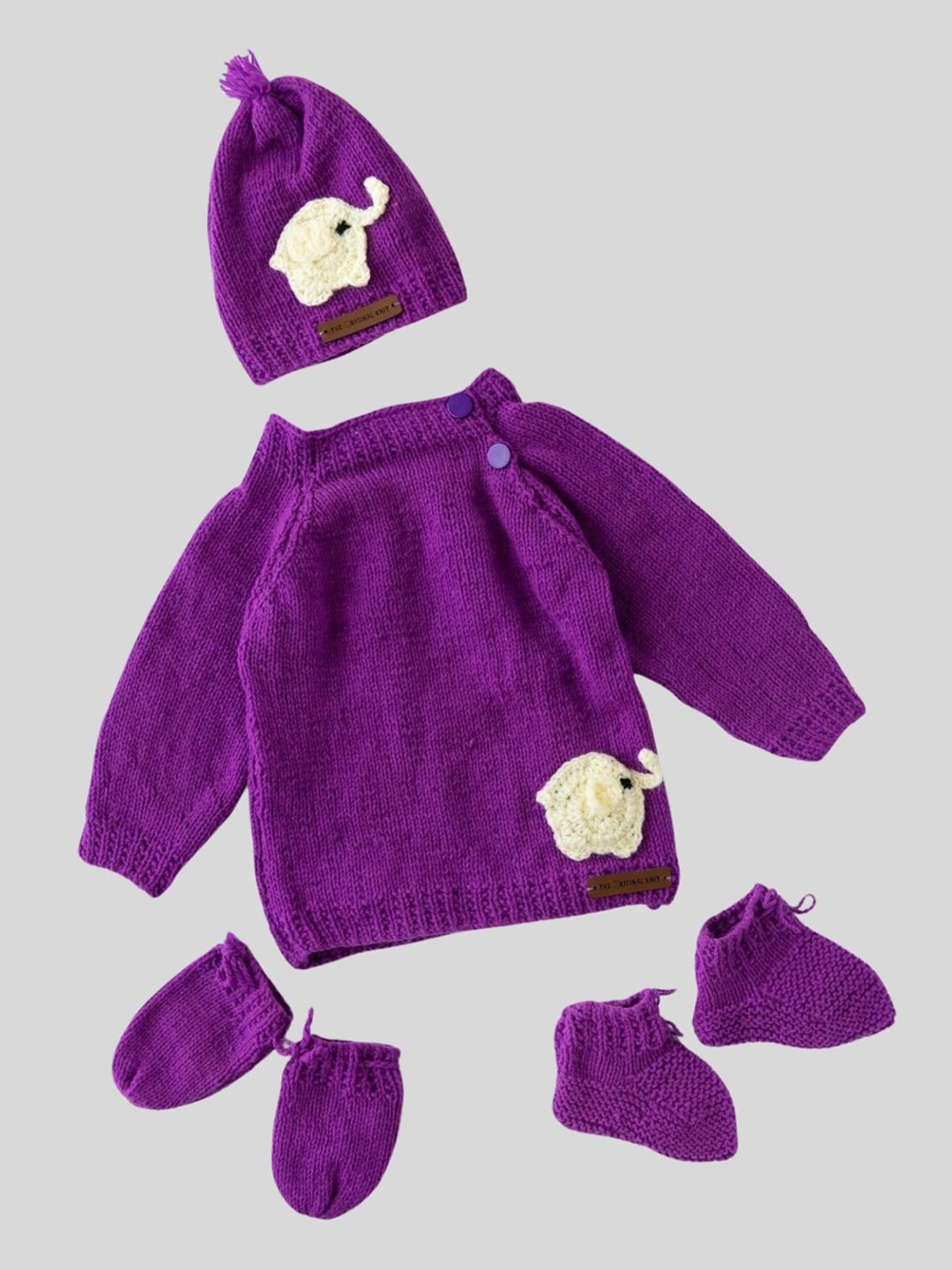

The Original Knit Infants 4-Pcs Elephant Patch Acrylic Baby Apparel Set, Purple