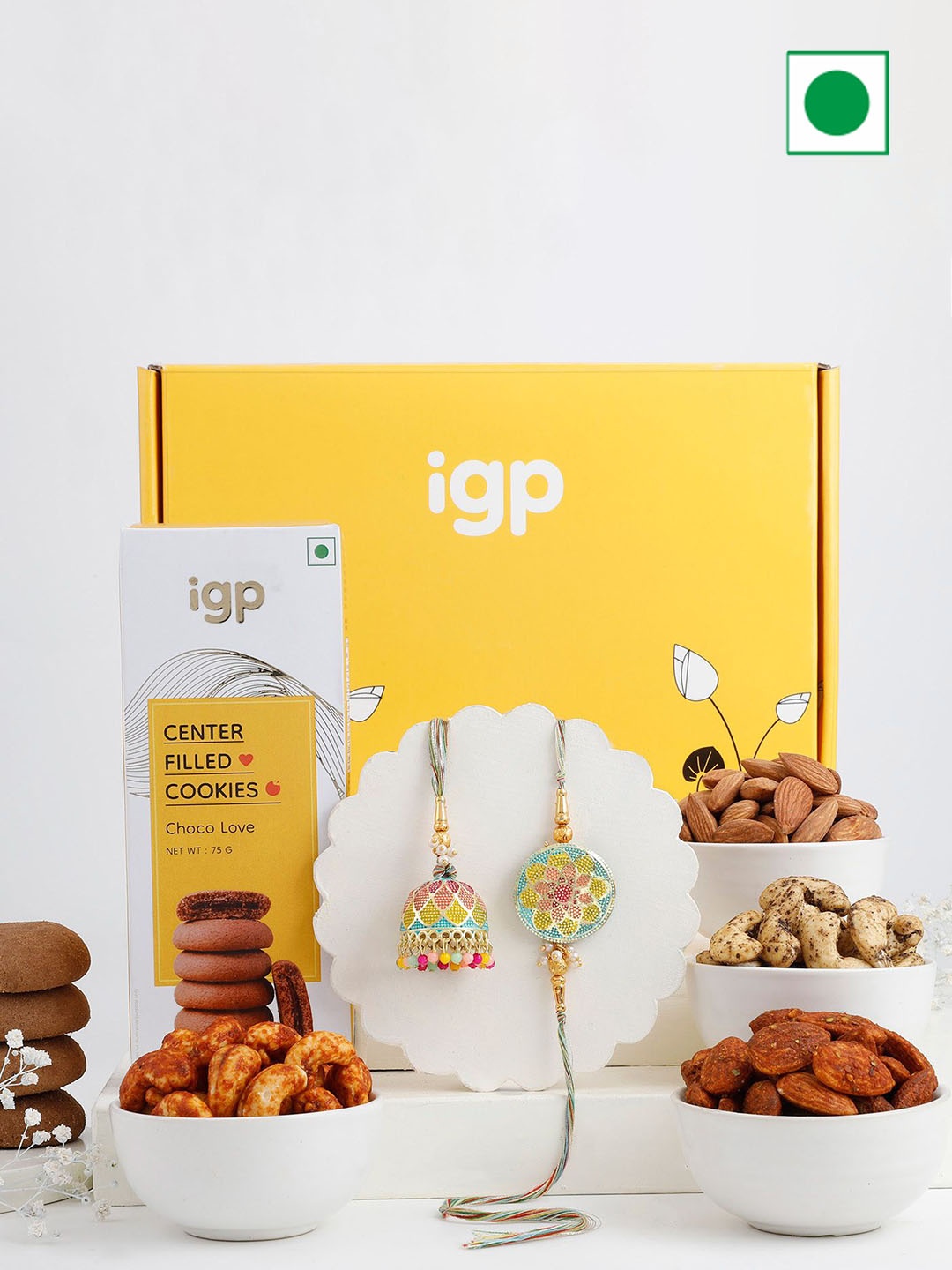 

IGP 2-Pcs Bhaiya Bhabhi Rakhi With Dry Fruits & Chocolate Gift Set, Yellow