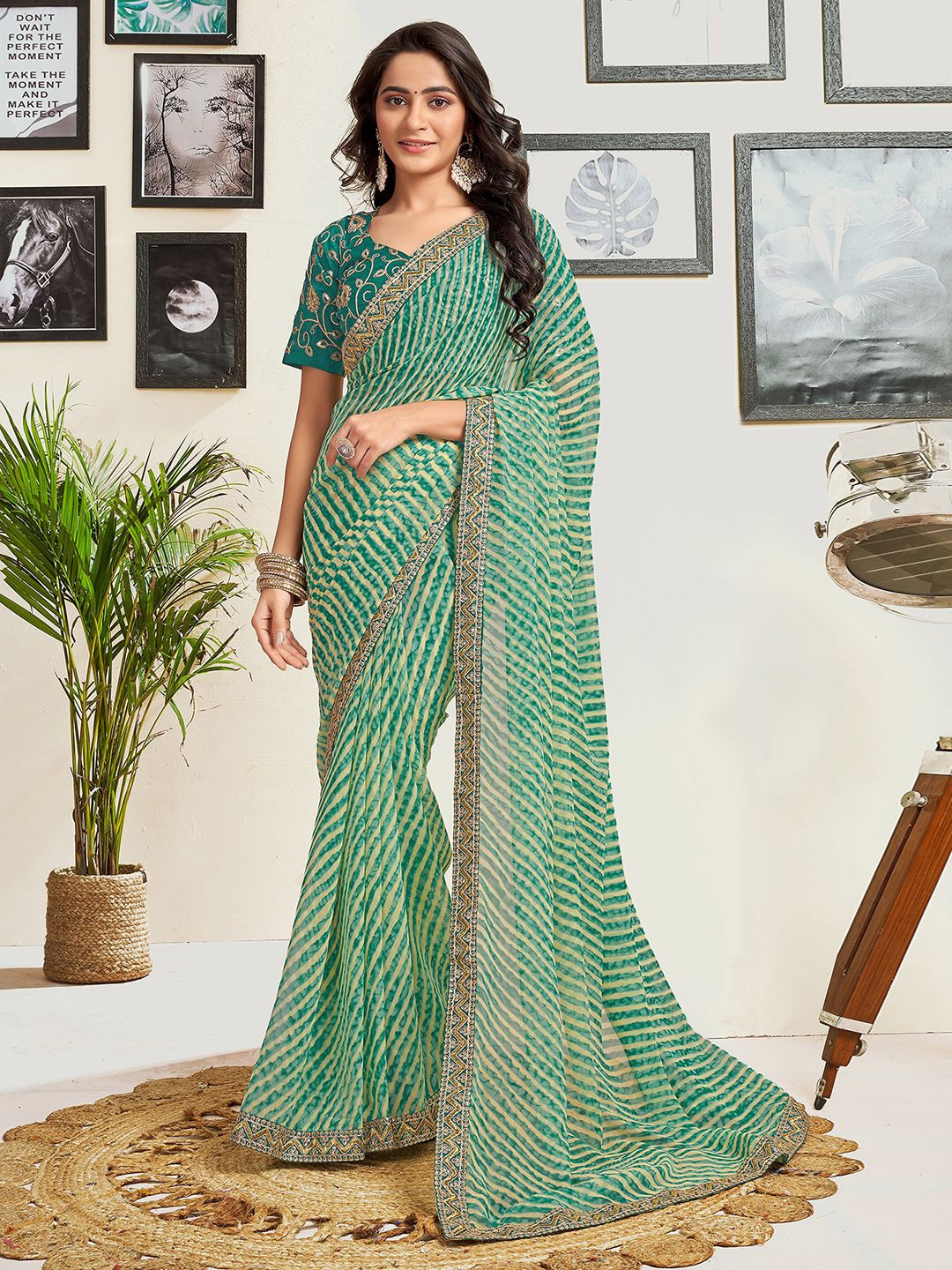 

Mitera Leheriya Embroidered Pure Georgette Saree, Green