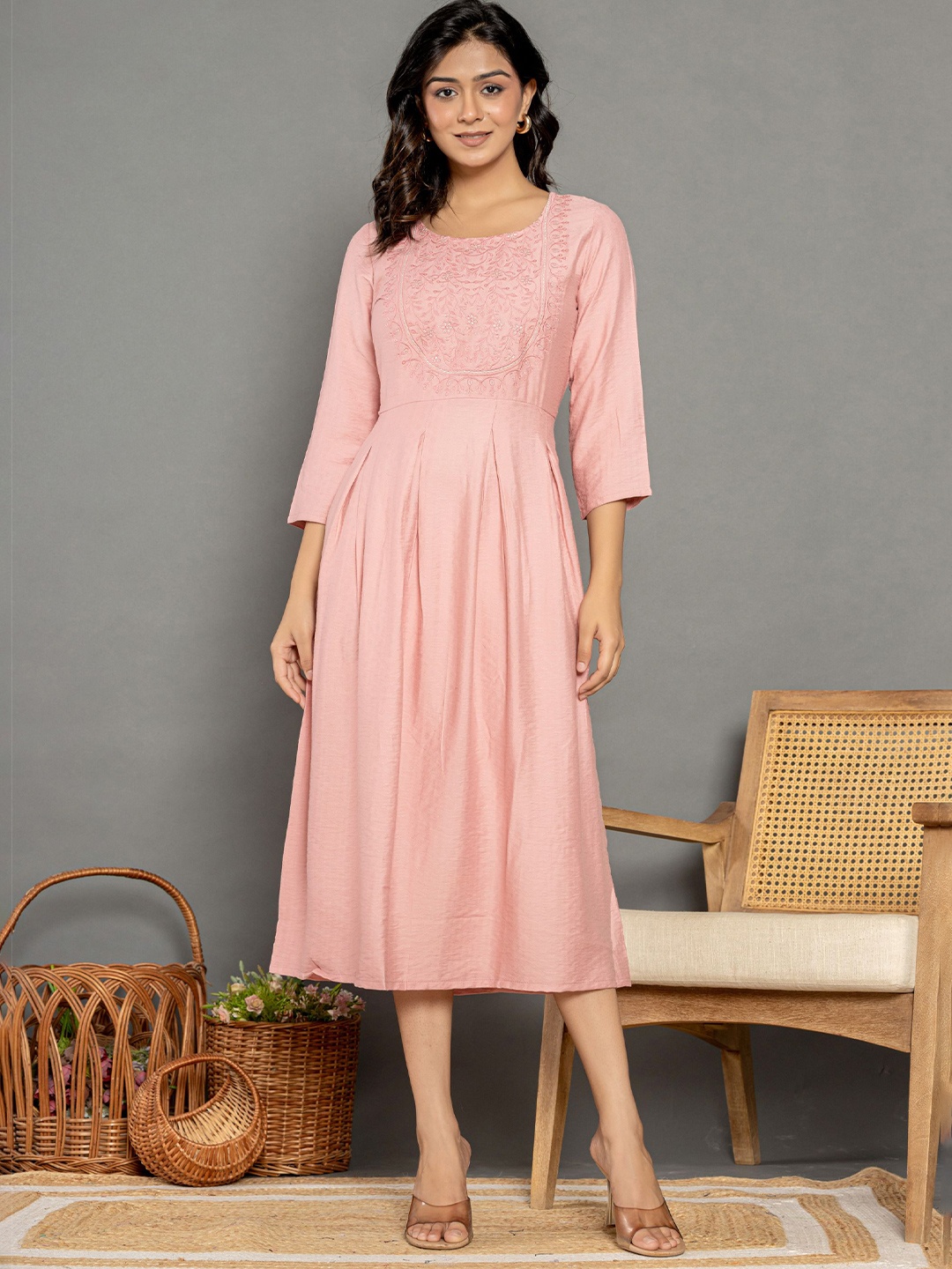 

Rouhab Embroidered Cotton A-Line Midi Dress, Pink