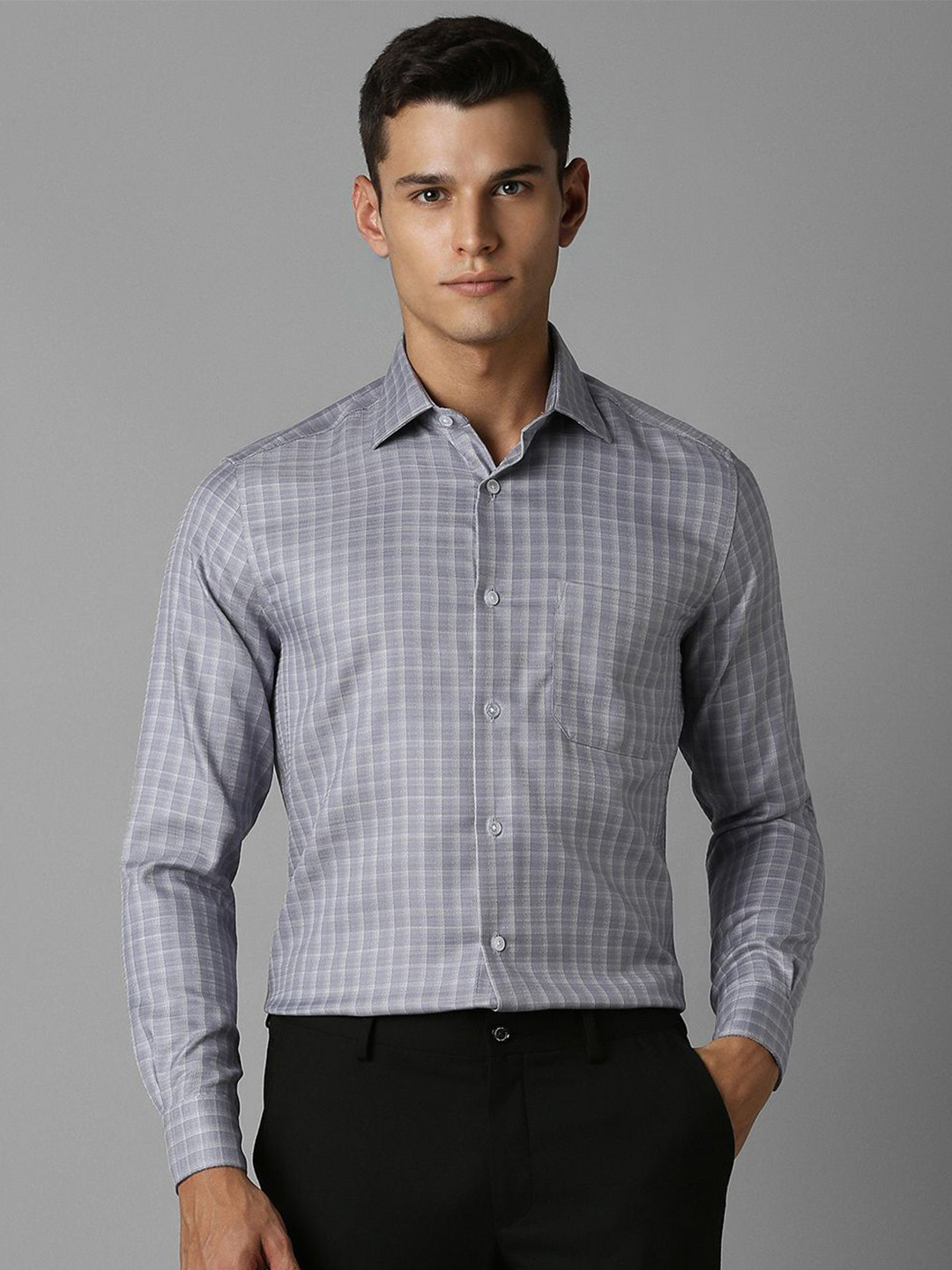 

Louis Philippe Men Classic Spread Collar Micro Checked Cotton Formal Shirt, Grey