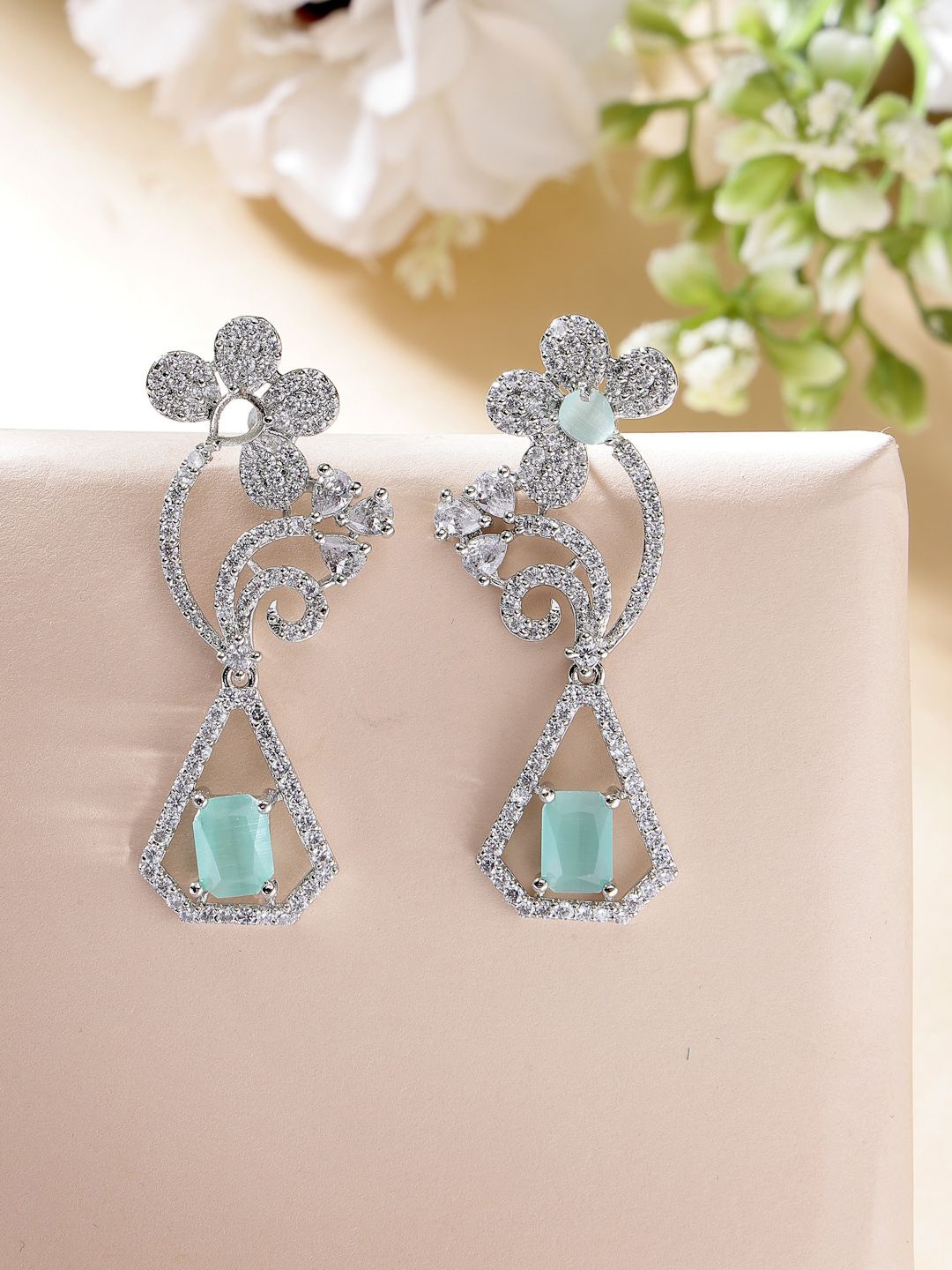 

ZENEME Rhodium-Plated American Diamond Studded Floral Drop Earrings, Sea green