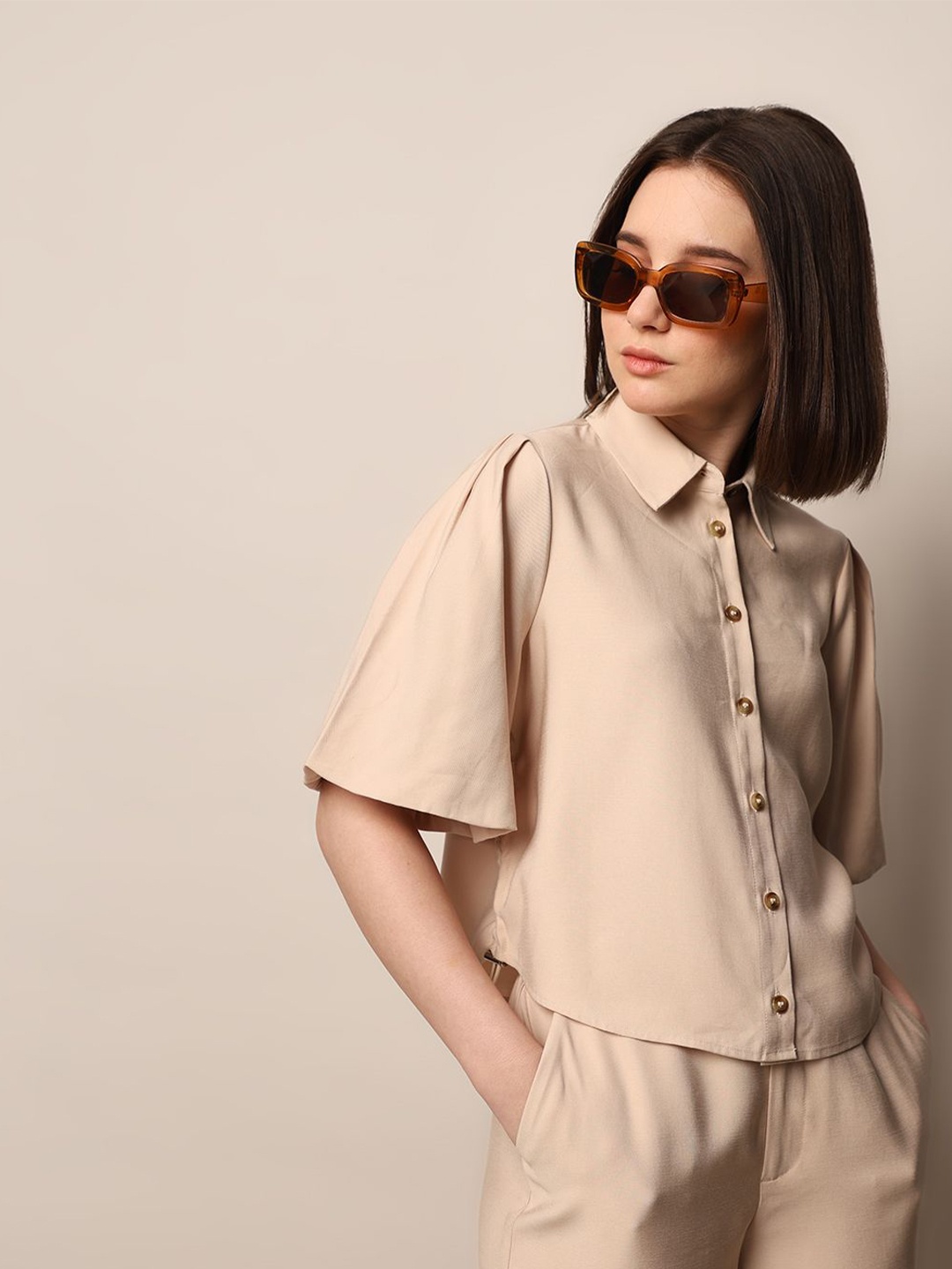 

ONLY Women Spread Collar Solid Casual Shirt, Beige