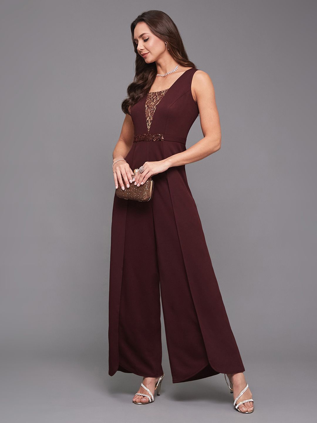 

Miss Chase Women Square Neck Sleeveless Embellished Layered Regular-Length Jumpsuit, Maroon