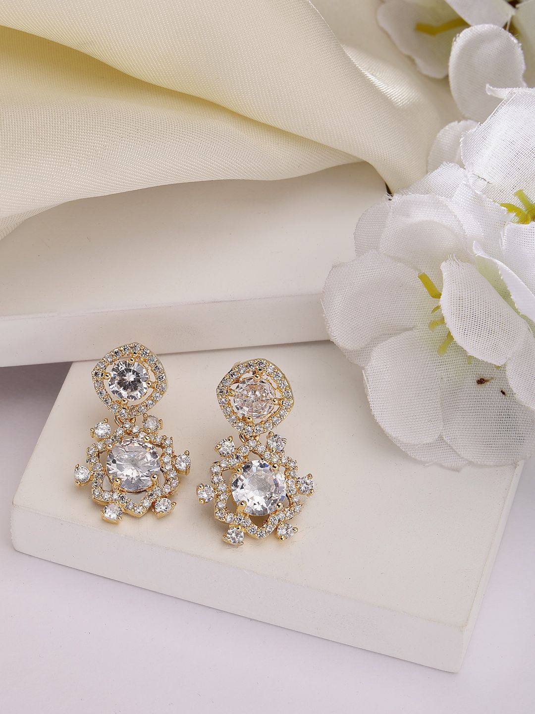 

ZENEME 18 K Gold Plated Circular American Diamond Drop Earrings, White