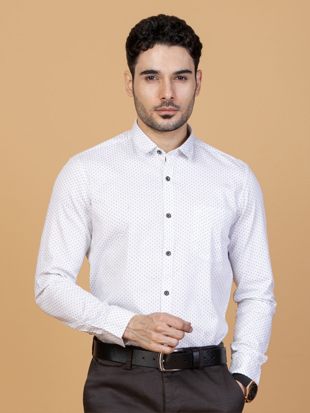 

Monterrey SF Men Smart Spread Collar Micro Ditsy Printed Cotton Slim Fit Casual Shirt, White