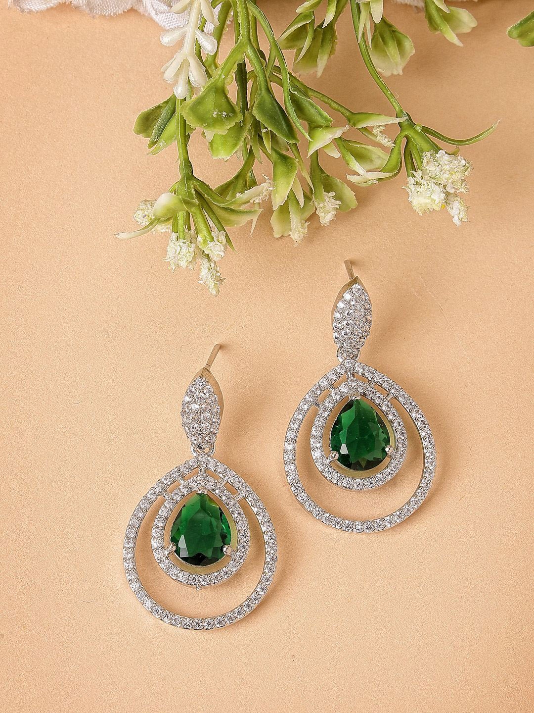

ZENEME Rhodium Plated Teardrop Shaped American Diamond Studded Drop Earrings, Green