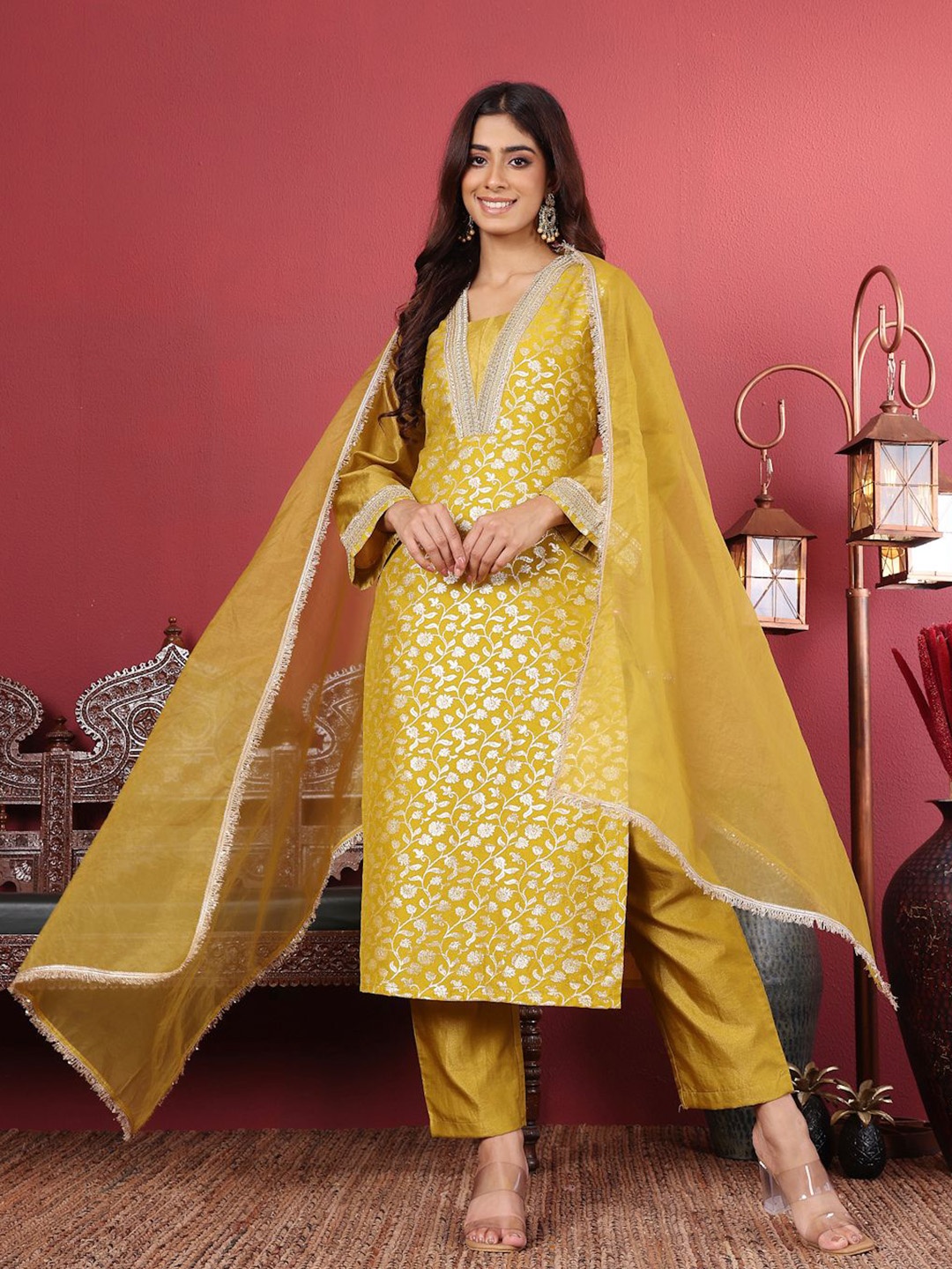 

Varanga Floral Woven Design Sequinned Jacquard Kurta With Trouser & Dupatta, Mustard