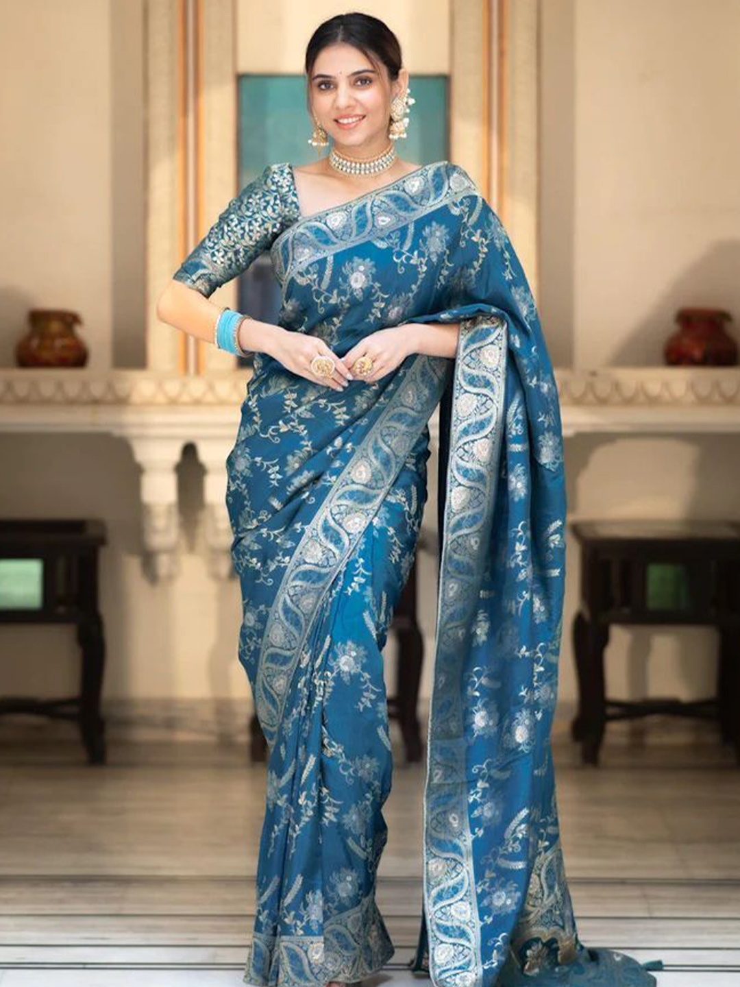 

Marziyaa Woven Design Zari Silk Cotton Banarasi Saree, Blue